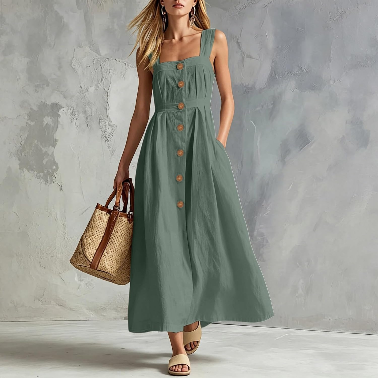 Womens Linen Dresses Summer Spaghetti Strap Sleeveless Boho Dress Button Beach Maxi Long Dresses with Pocket