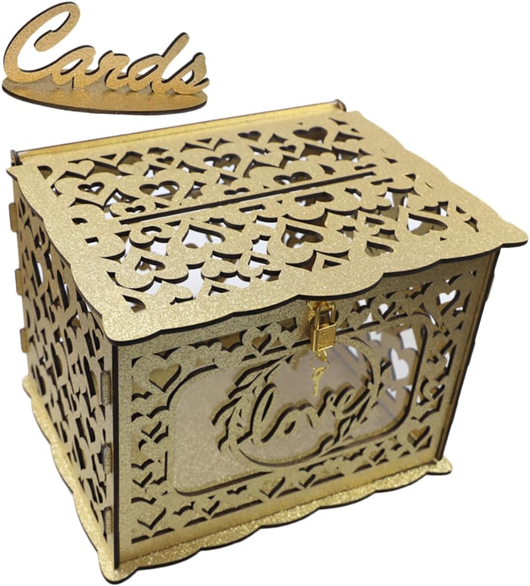 Wooden Hollow Wedding Card Box Glitter Decorative Envelope Greeting Card Holder Blessing Container for Birthday Anniversary Party Storage