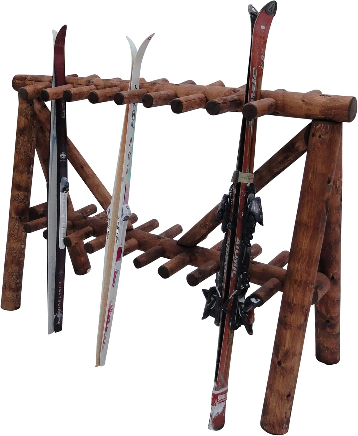 21-Place Freestanding Log Ski Rack Holder, Indoor & Outdoor Snowboard Racks, Garage Racks for Snow Skis & Poles, Snowboard Rack Garage Storage Organizer-Canyon Brown + 15" Anchor Kit