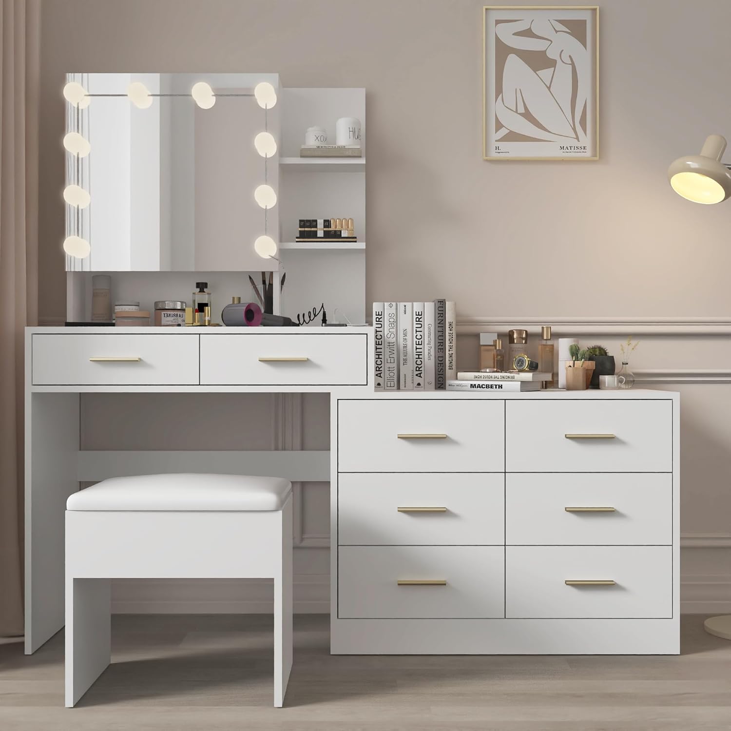 Karl home Makeup Vanity Desk Set with Mirror & Lights, Dressing Table with Power Outlet, Large Vanity Table with 8 Drawers 3 Lighting Modes Adjustable Brightness for Bedroom, White