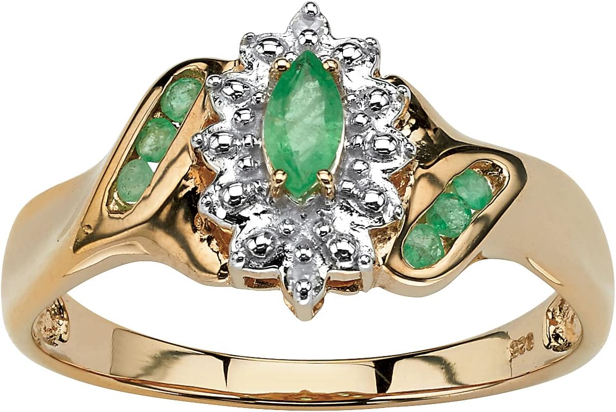18K Yellow Gold over Sterling Silver Marquise Shaped Genuine Emerald and Diamond Accent Ring