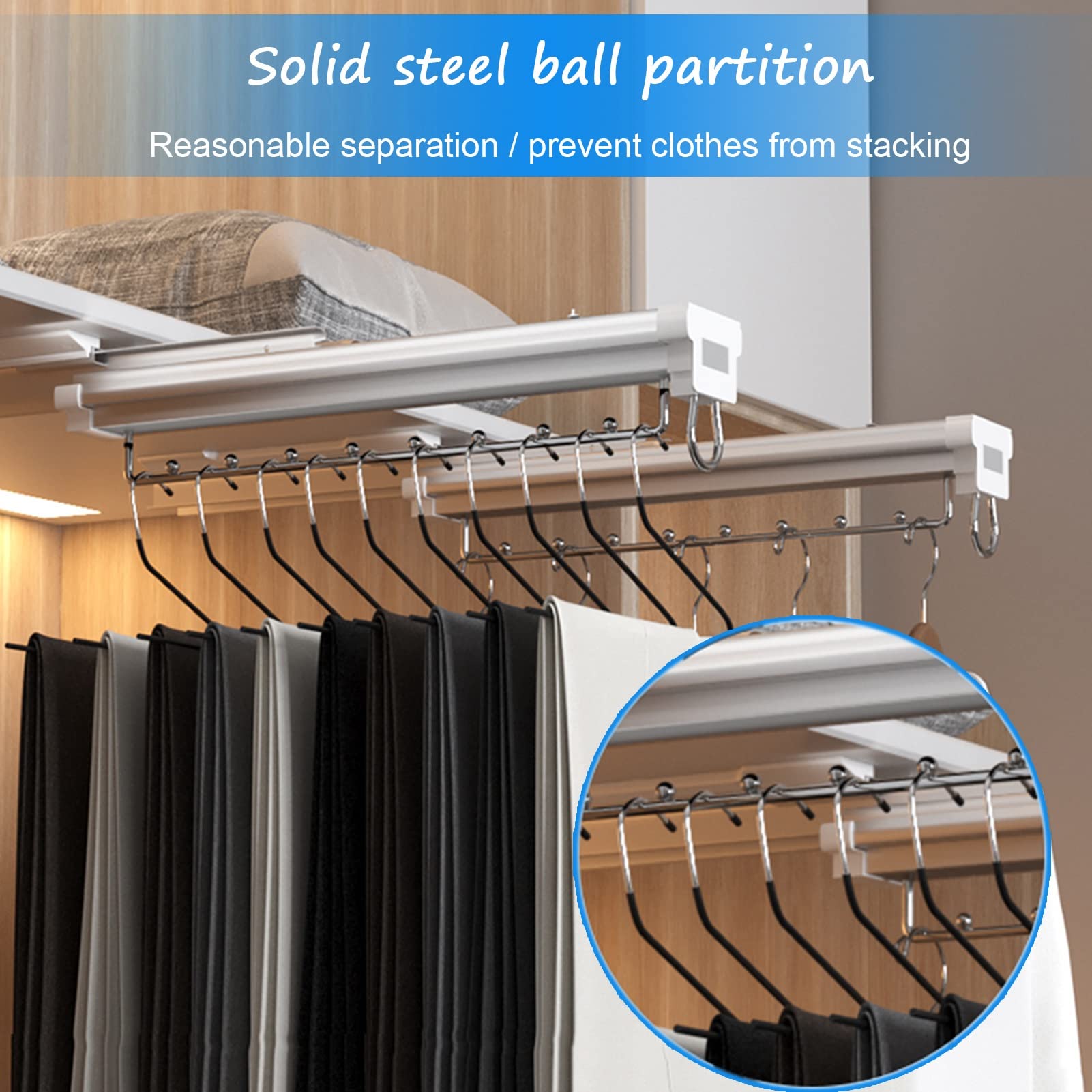 Varilla para valet de armario extraíble, Perchas para pantalones retráctiles para gabinete, Riel para perchas de ropa para guardarropa extensible, Riel deslizante de doble amortiguación, para