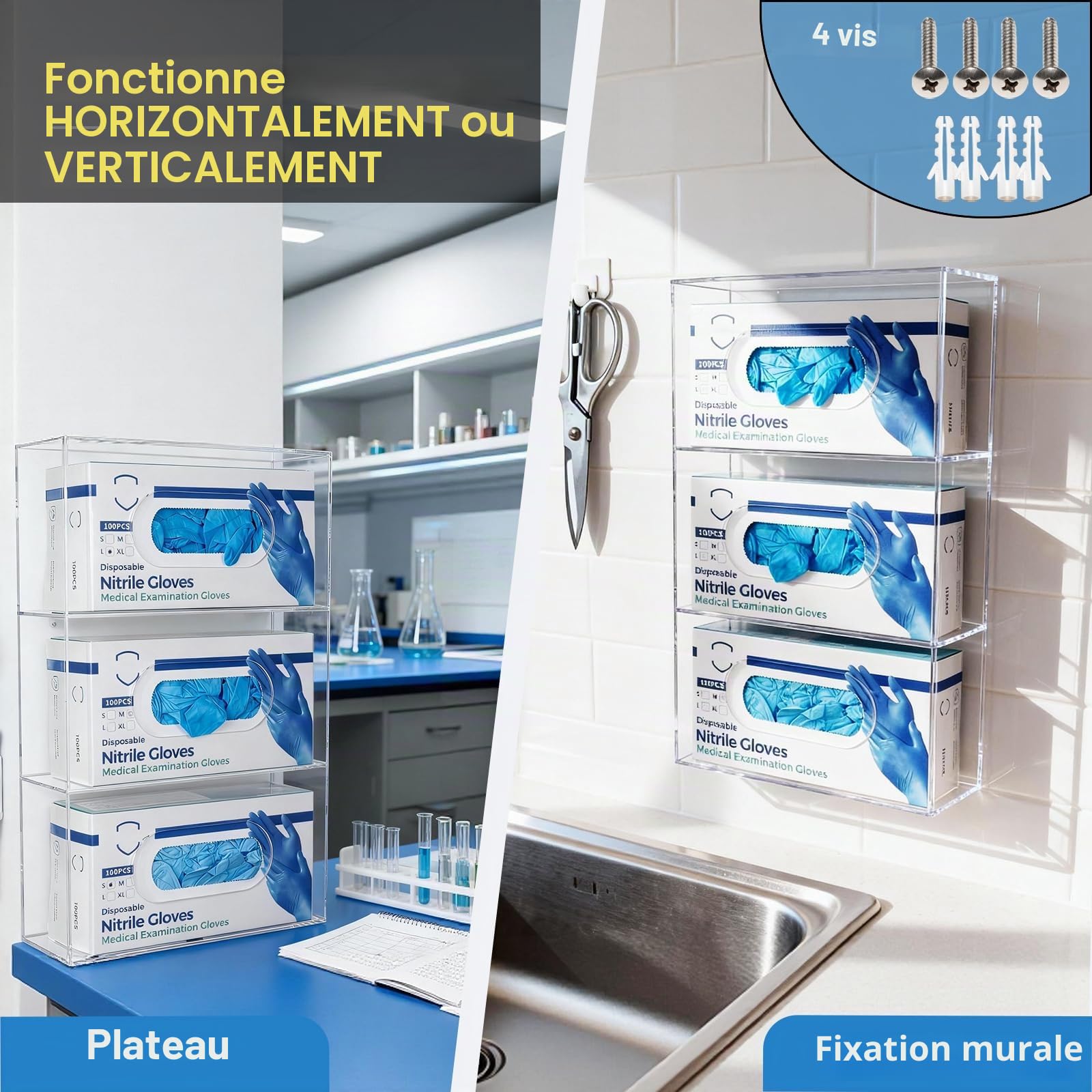 Distributeur de gants mural 3 niveaux - Support en acrylique transparent pour boîtes de gants jetables, idéal pour laboratoires, établissements médicaux et garages - 25,6 x 9 x 41,5 cm