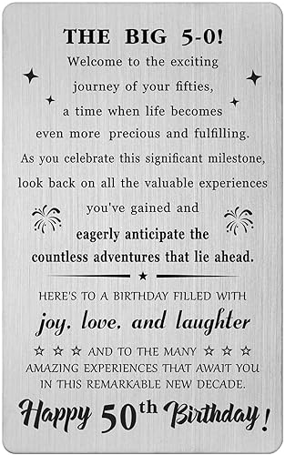BAZLJY Tarjeta de cumpleaños número 50 – Regalos de cumpleaños 50 para hombres y mujeres – Tarjeta de cartera grabada para cumpleaños de 50 años