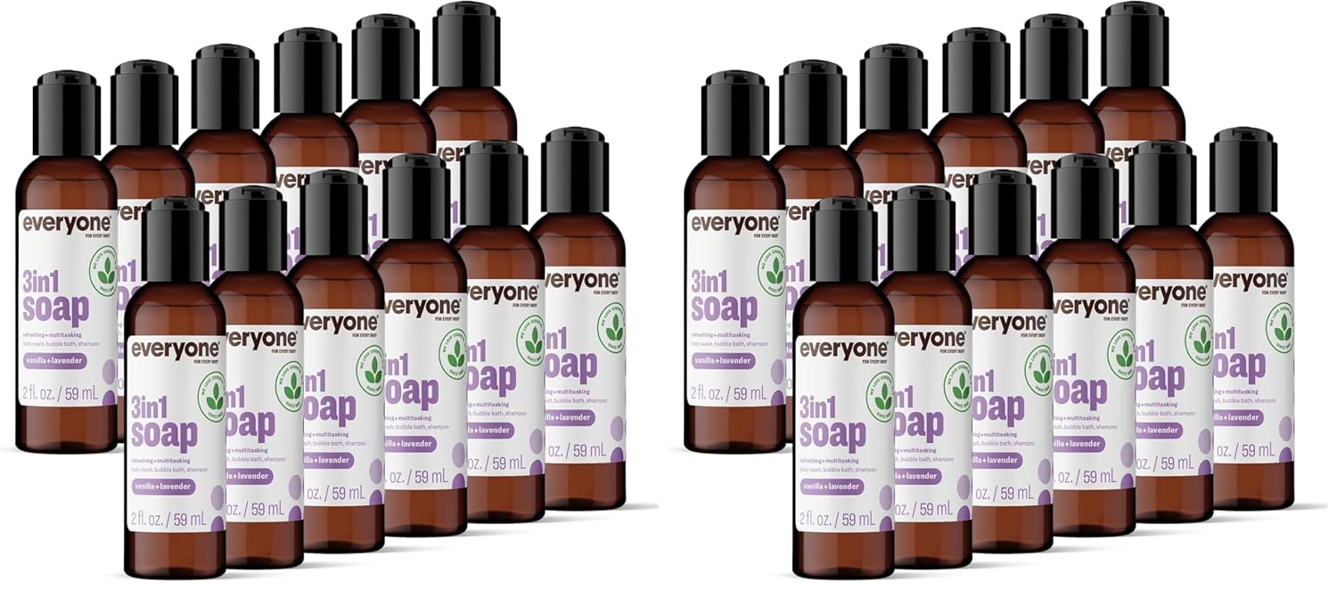 Everyone 3-in-1 Soap Body Wash, Bubble Bath, Shampoo, Travel Size, 2 Ounce (Pack of 24), Vanilla and Lavender, Coconut Cleanser with Plant Extracts and Pure Essential Oils