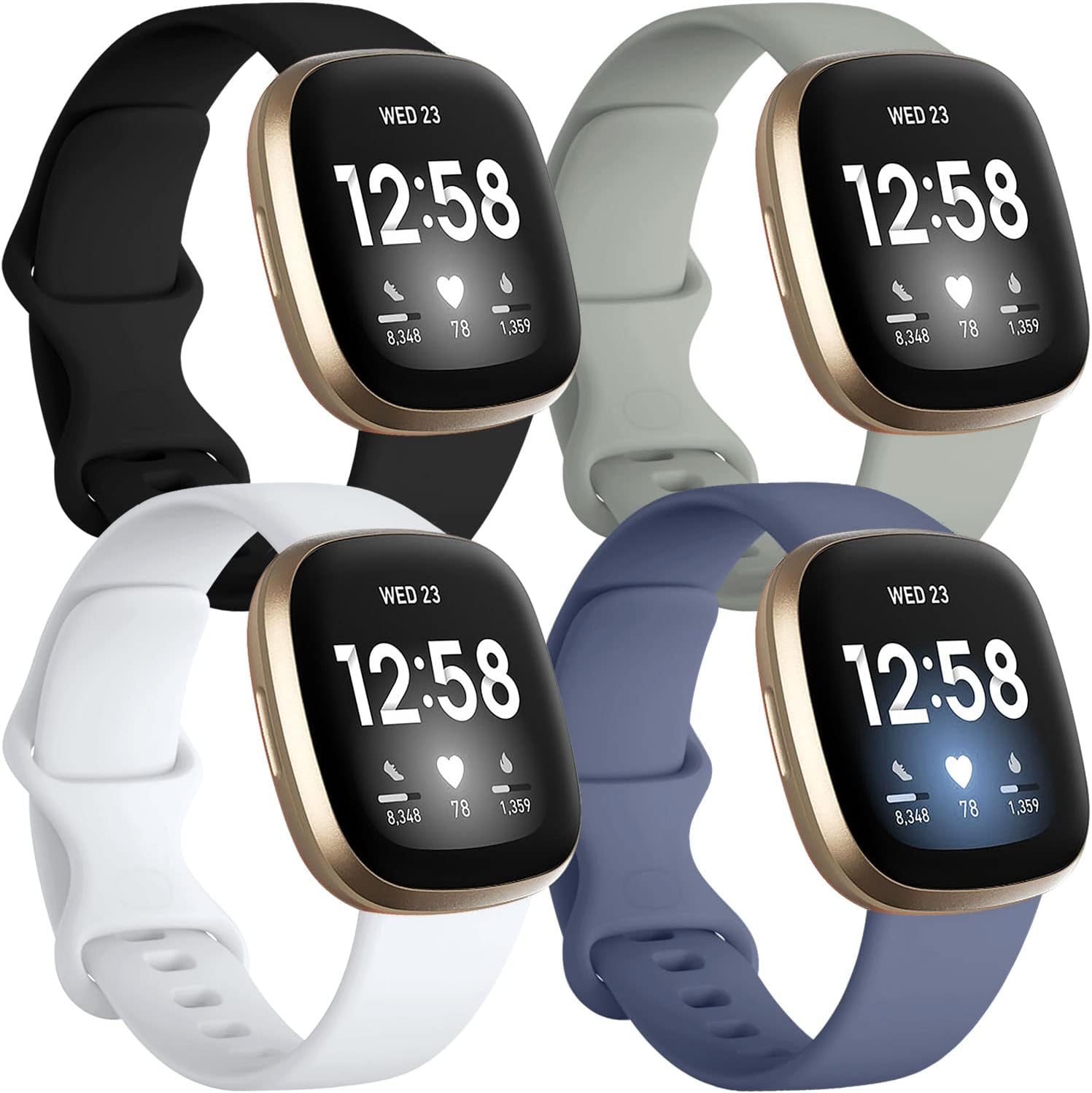 Getino Compatible with Fitbit Sense/Sense 2 Bands/Versa 4/ Versa 3 Bands Women Men, Silicone Sport Accessories, Band for Fitbit Sense/Sense 2/ Versa 4/ Versa 3, Large Black/Bluegray/Gray/White