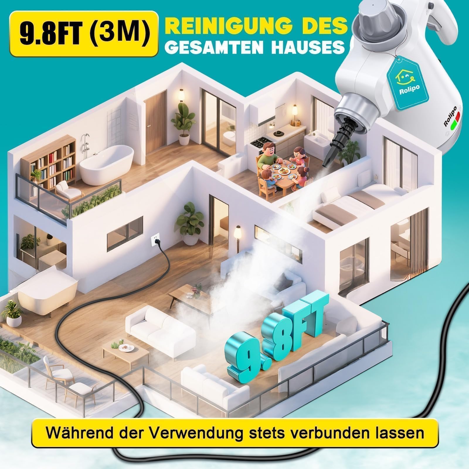 Rolipo Dampfreiniger Handgerät mit 12-Teiligem Zubehör, 1050W Steam Cleaner für Haushalt, Küche, Bad, Fenster, Polster & Auto–100% Chemiefrei, Hochdruck-Dampf gegen Schmutz Fett & Bakterien