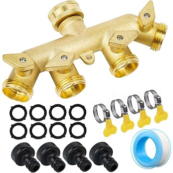 4 Way Brass 3/4 Inch for Taps - with 4 Independent On/Off Valves - Garden Hose Tap Connector Set with 1 Water Band & 4 Rubber Washers 2 Buckles