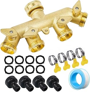Divisor de Manguera de 4 Vías de Latón con Válvula Independientes - Distribuidor de Grifo Conector Separador Adaptador Interruptor de 3/4" para jardín/Exterior Riego Césped al Aire Libre