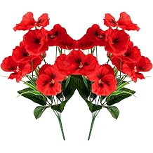 2 Pieces Artifical Decorative Red Poppy Flower Fake Flowers Poppies Head Silk Wildflowers with Flower Branch Veterans Grave Garden Decor