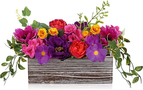DILATATA Flower Arrangement with Wooden Vase 10" Artificial Flowers in Pot - Fake Flowers in White Rectangular Wooden Vase Potted Faux Flower Centerpieces for Table Decor Living Room - Purple