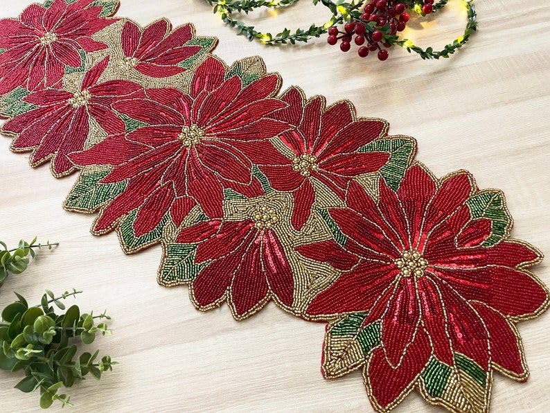 Image of MFU - Made For You Handmade Beaded Table Runner, Red Flower Design, 13 x 36 Inch | Decorative Rectangular Table Runner for Dining Table, Center Table & Home Decor