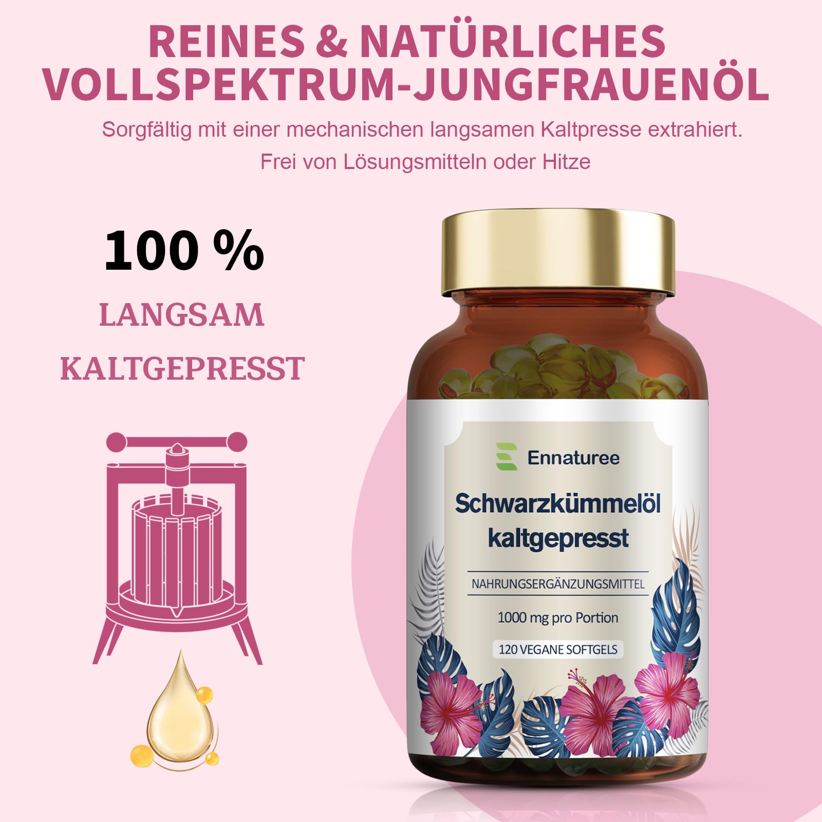 Schwarzkümmelöl Kapseln mit Vitamin E Naturbelassen und Kaltgepresst Schwarzkümmelöl 1000mg pro Tagesdosis Hochdosiert Vegan 120 Kapseln Deutsche Premium Qualität