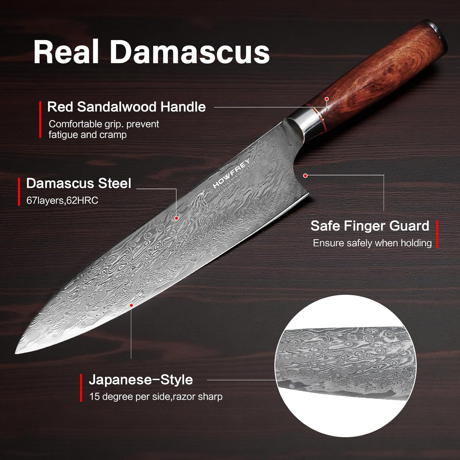 Damascus Chef Knife, 8 Inch 67-Layer Japanese Kitchen Knives Sharp VG-10 High Carbon Stainless Steel with Ergonomic Red Sandalwood Handles, for Home Kitchen Gift Idea