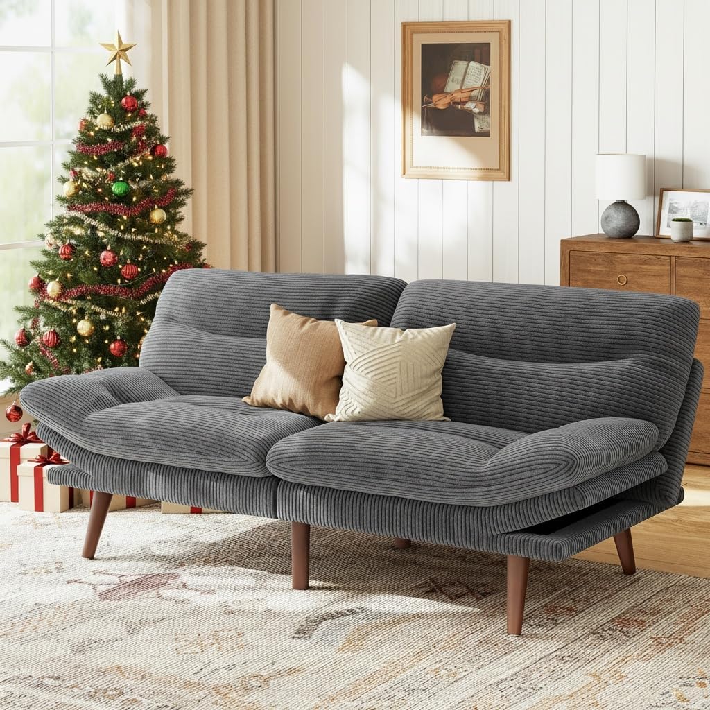 Marsail Futon Sofa Bed with Adjustable Backrest and Armrests, Convertible Sleeper Sofa for Small Spaces, Dark Grey