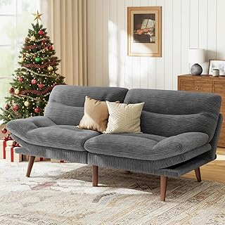Marsail Futon Sofa Bed, Futon Couch with Adjustable Backrest & Armrests, Convertible Small Sleeper Sofa Bed for Small Apartments, Study Room, Office, Corduroy Loveseat, Dark Grey