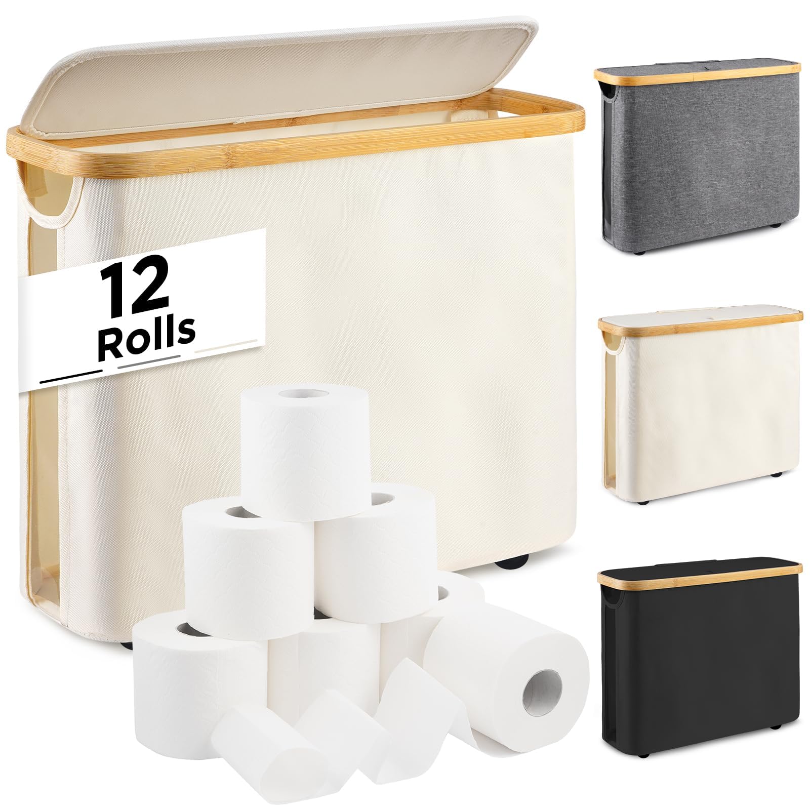 26L Large Capacity Toilet Paper Storage Basket with Lid – Foldable, Free Standing Bathroom Organizer Holds Up to 9-12 Rolls, Space-Saving Durable Beige Toilet Tissue Holder