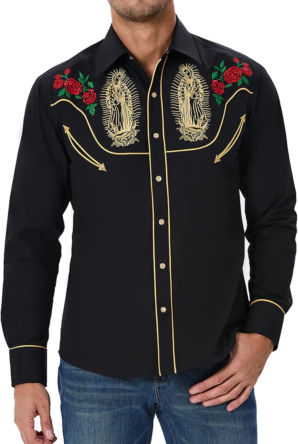 SALVAJE OESTE Men's Long Sleeve Retro Shirt with Our Lady of Guadalupe Western Cowboy Shirts Snap Button Long Sleeve Shirt