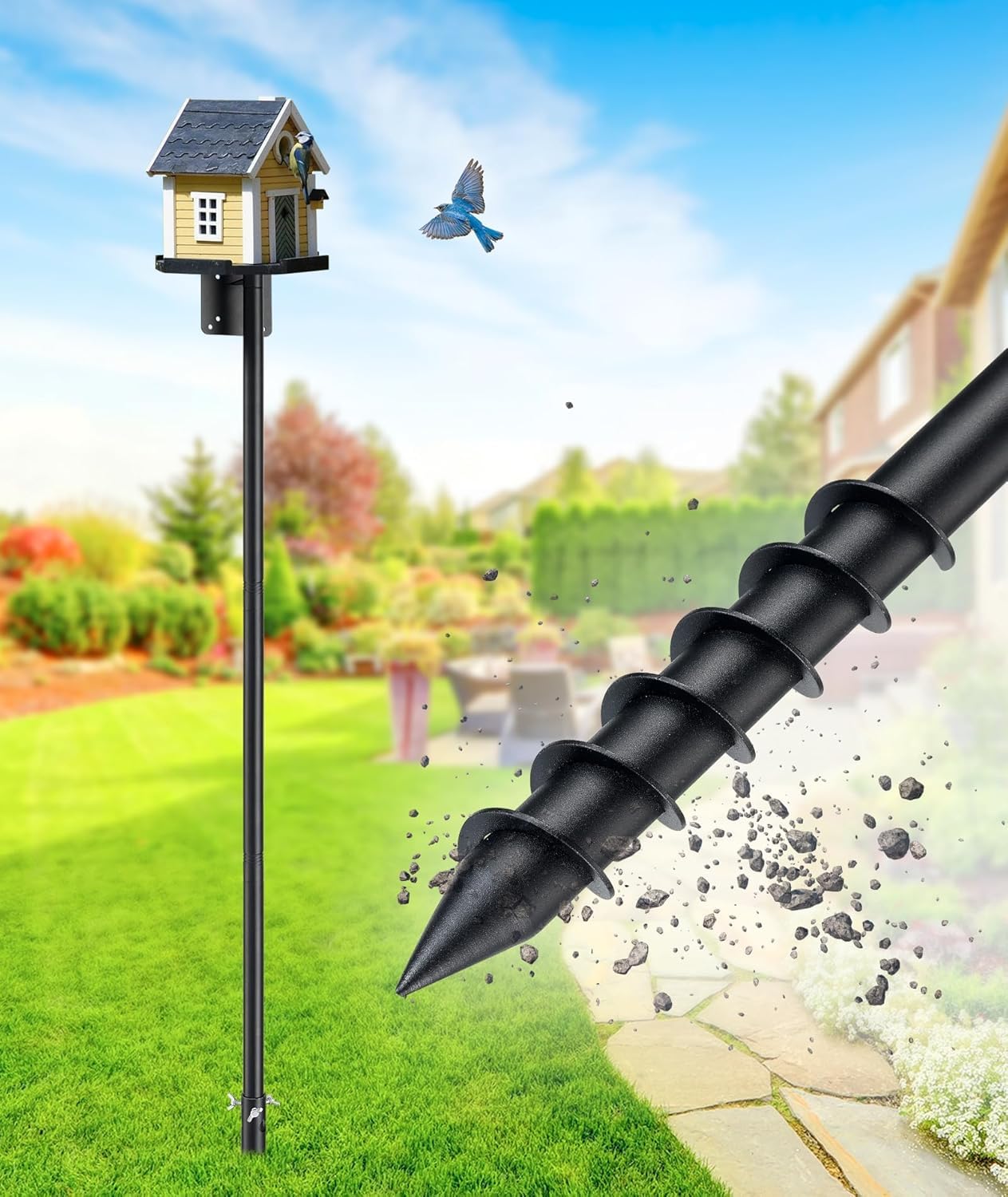 OLLIDOT Bird House Pole, 185cm High Bird Feeder Pole for Outdoor, Heavy Duty, Adjustable, Bluebird, Hummingbird