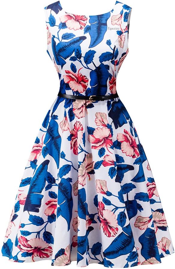 Classy Floral Dress Sleeveless Vintage Cocktail Casual Summer Dress with Belt (XXL)