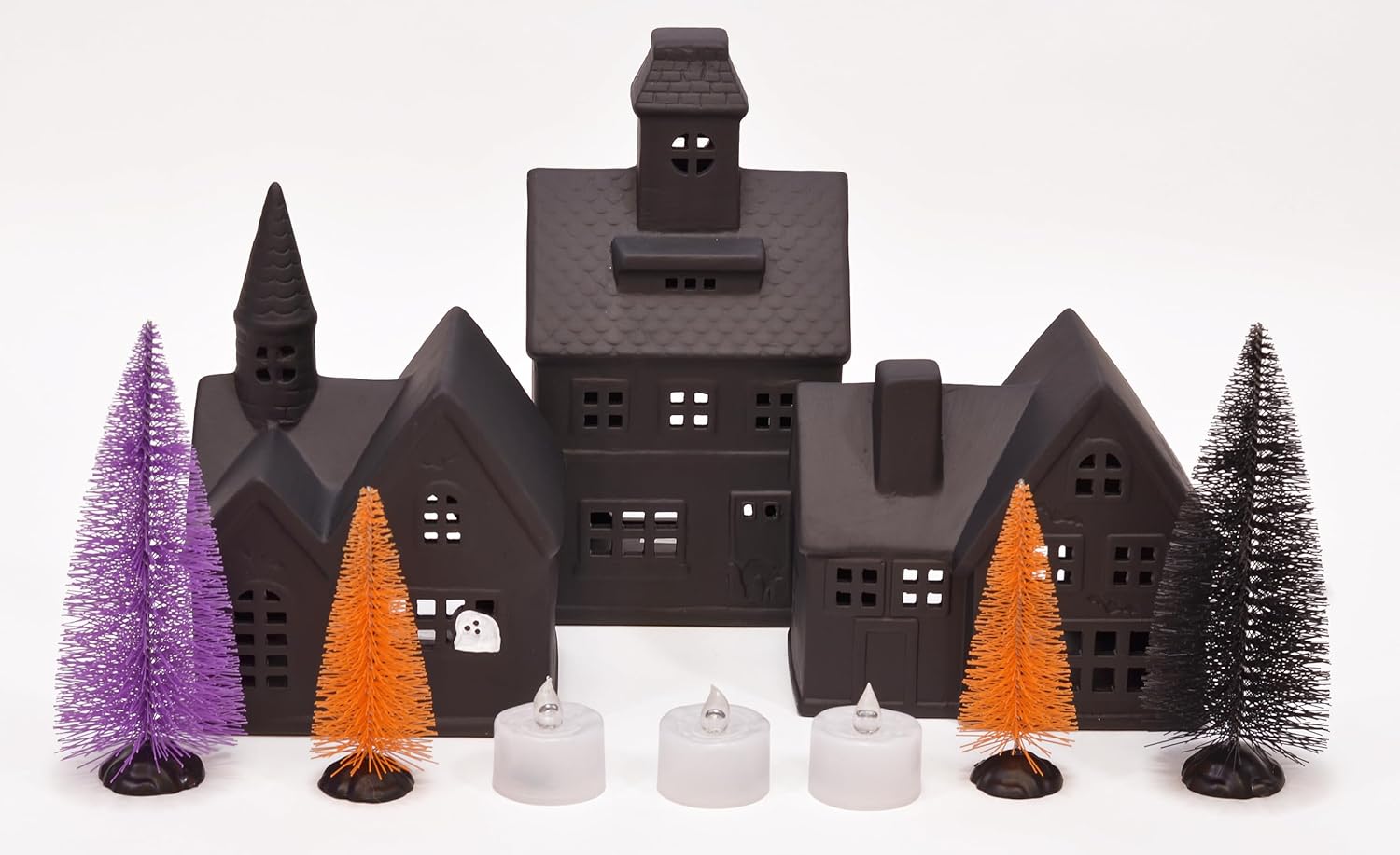 Mark Feldstein & Associates Black Porcelain Haunted Halloween LED Village, with Trees and Color Changing Tealights, 10 Piece Set