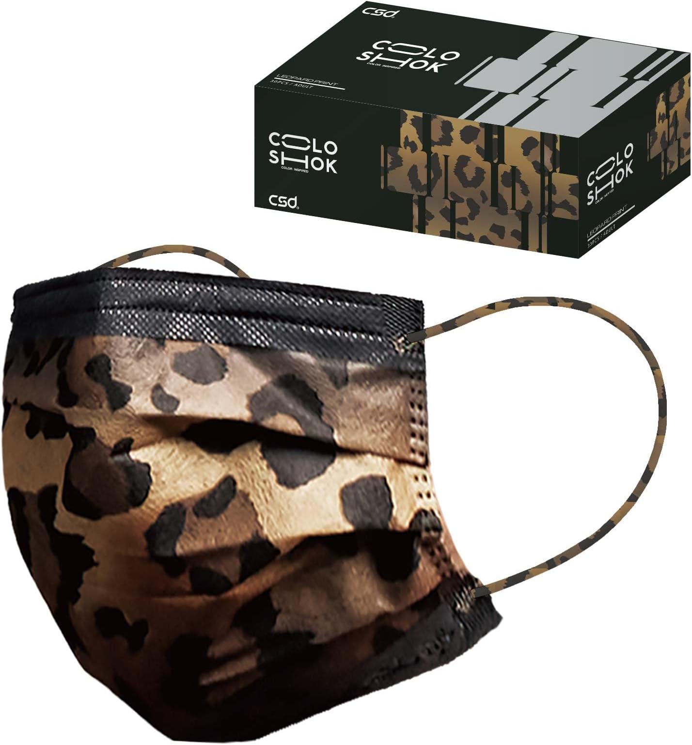 CSD Colo 30 Pcs Leopard Print Disposable Face Masks, 3 Ply Adult Mask with Elastic Ear Loop, Nose Bridge Clip, Breathable Comfortable Mask Great for Indoor, Outdoors Use (Camo)