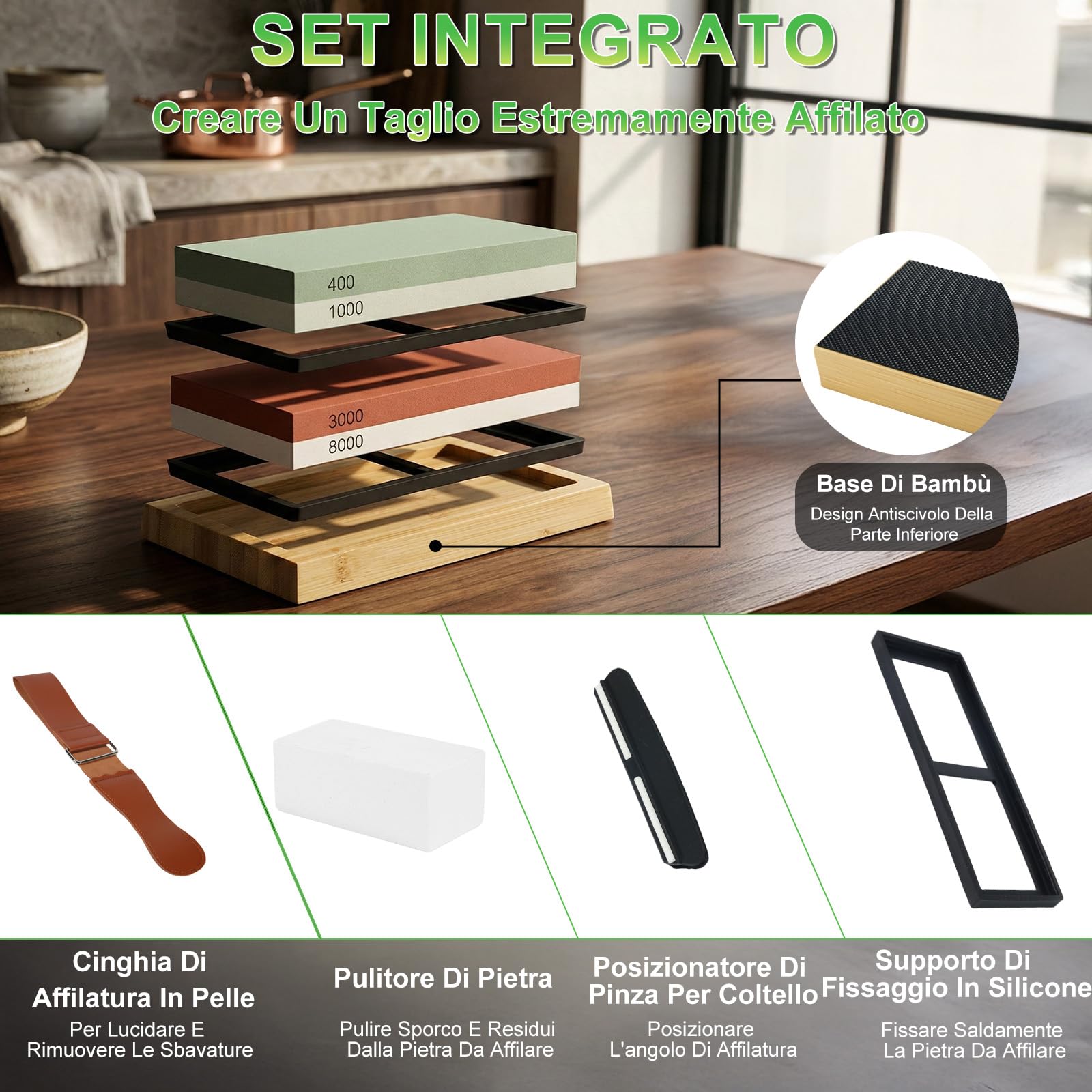 Pietra Affilacoltelli Giapponese 8-in-1 – Set 400/1000 & 3000/8000 per Affilare Coltelli, Supporto Antiscivolo in Bambù, Guida Angolare per Affilatura Precisa, Grana Fine e Grossa