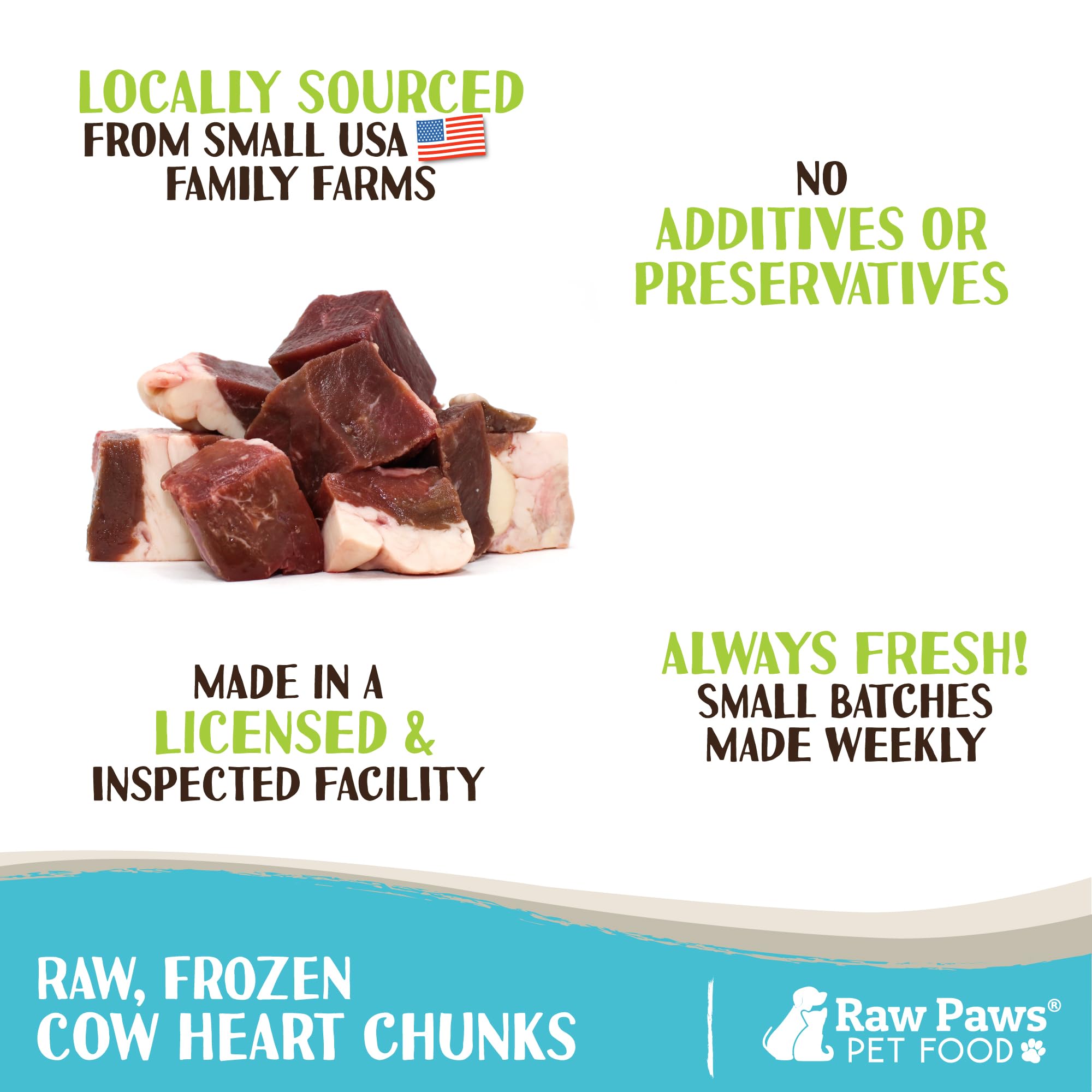 Raw Paws Frozen Raw Beef Heart for Dogs & Cats, Cubed 2-lb (8-Pack) - Made in USA - Small-Batch Frozen Raw Dog Food - Natural Beef Heart Treats for Dogs - Food for Dogs