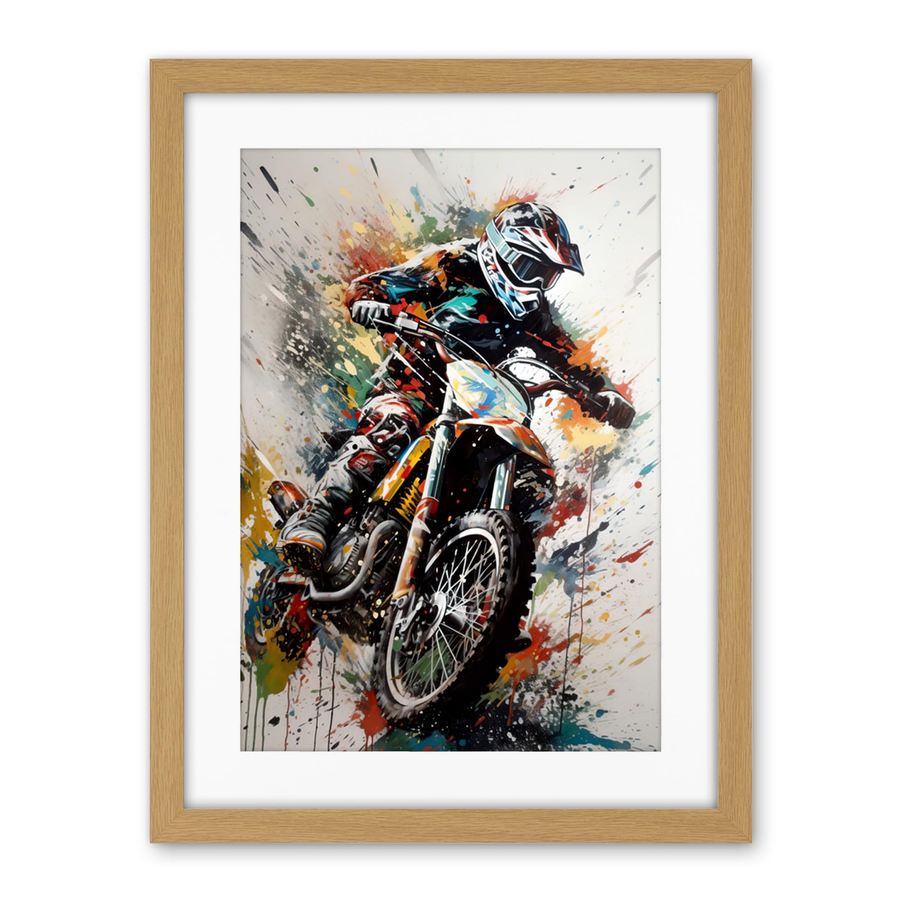 Artery8 Motocross Racer Paint Splat Action Shot Portrait Artwork Framed Wall Art Print 18X24 Inch