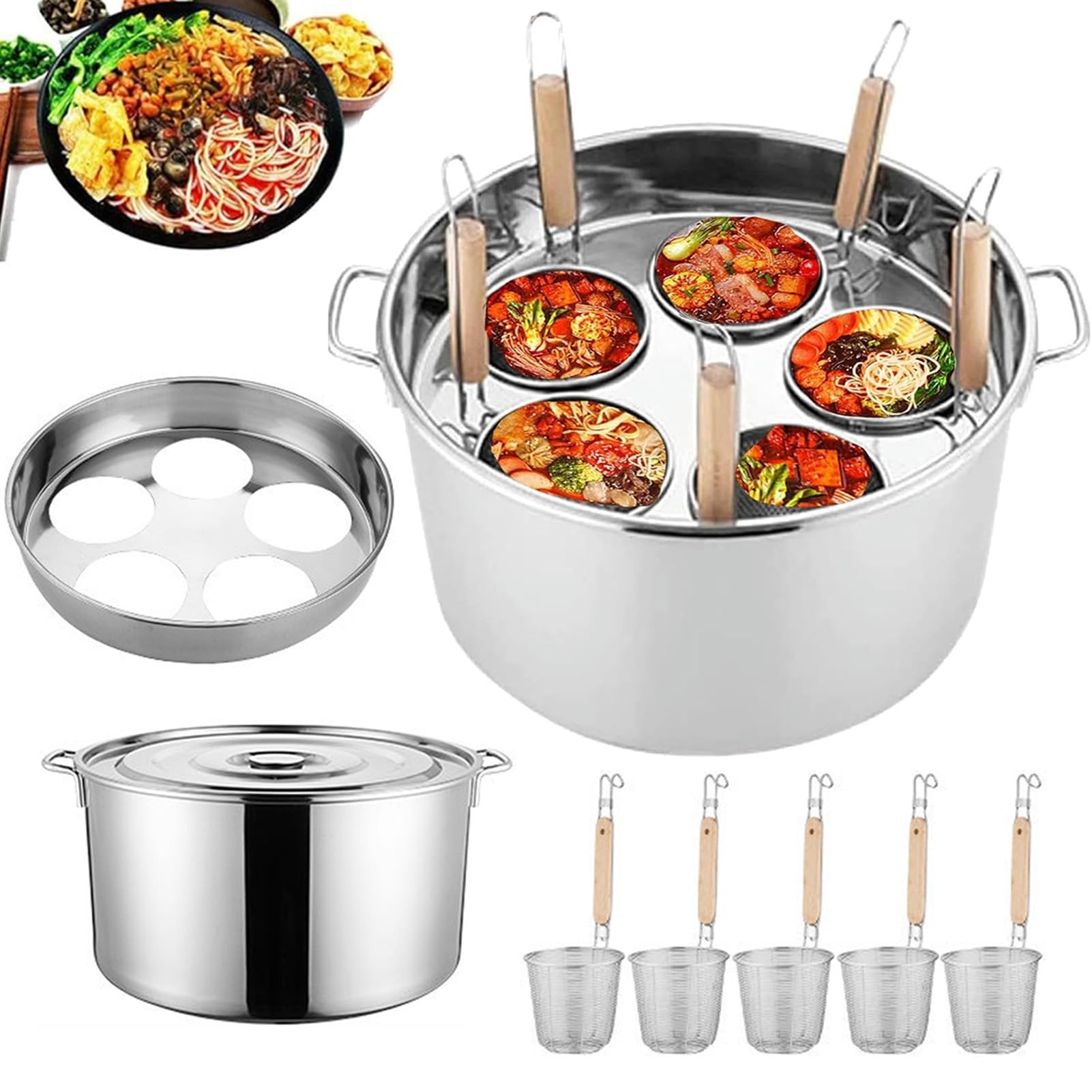 JYBNBBE Stainless Steel Noodle Boiler with Divider and Strainer - Multifunctional Pasta Cooker for Home and Restaurant Kitchens,B-5 Holes