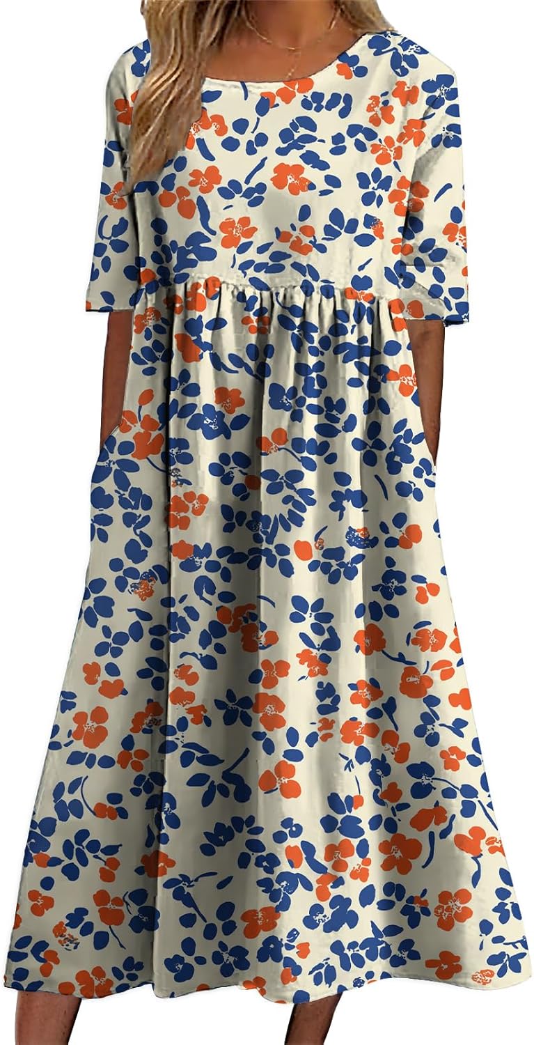 domirica Floral Long Dress for Maternity Women Comfy Floral Printed Ankle Length Short Sleeve Summer Dresses with Pockets
