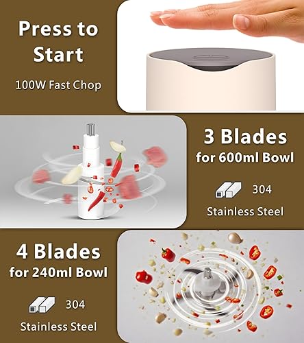 Miniatura 4 de Juego inalámbrico de procesador de alimentos pequeño 4 en 1 con cuenco de vidrio de 21.1 fl oz, 3 cuencos de acero inoxidable de 8.1 fl oz y 3+4