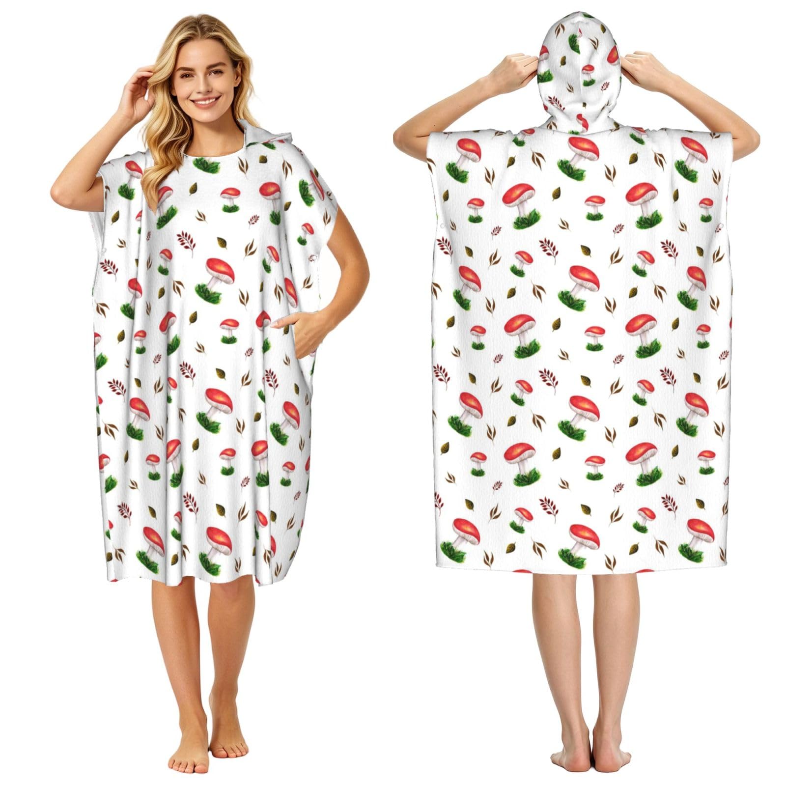 Poadnly Autumn Red Mushrooms, Adult Hooded Beach Towel 90 x 110 cm,Changing Bath Robe, Surf Poncho Towel For Women Men
