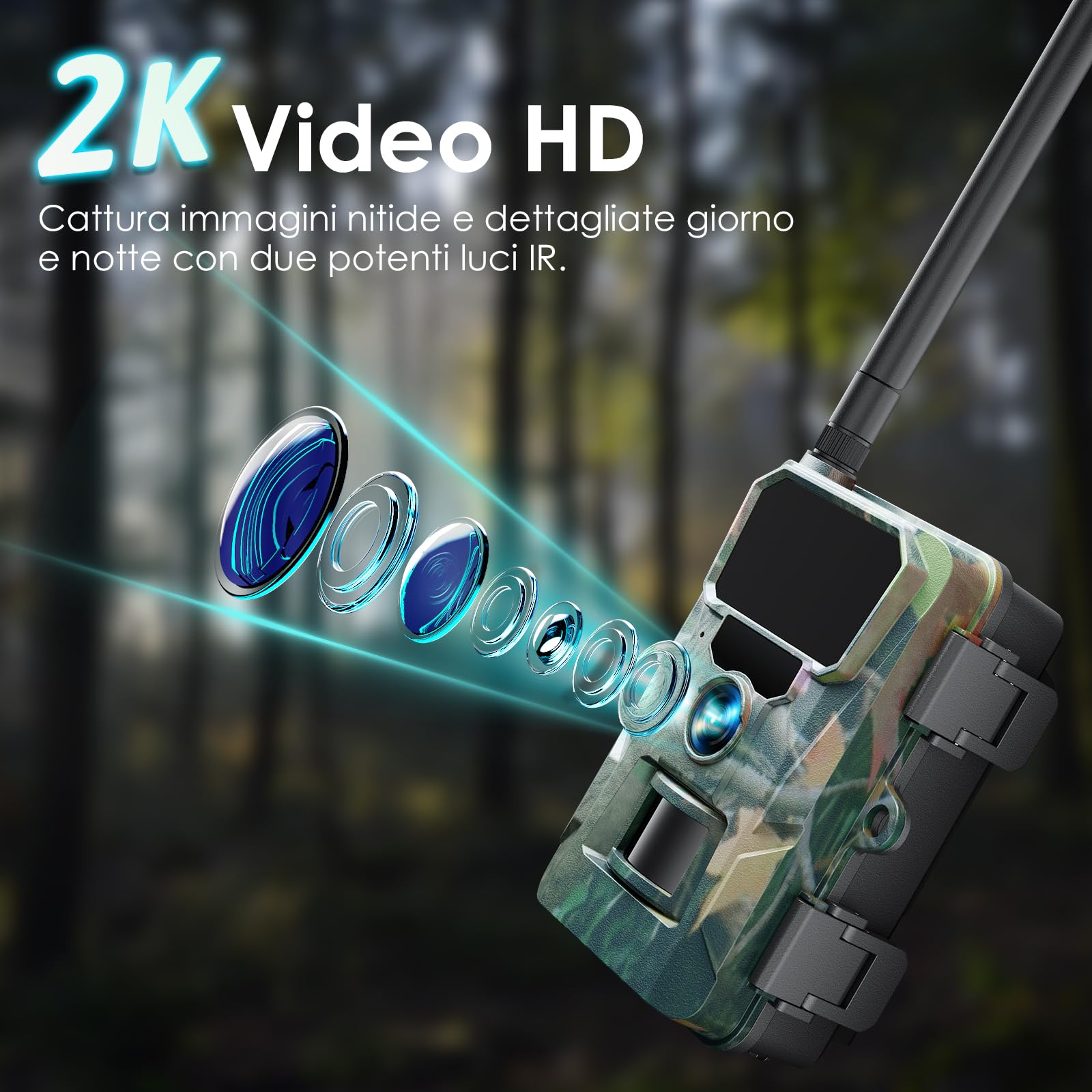 WOLFANG Fototrappola 4G con SIM, 2K 48MP HD Fotocamera Caccia con Infrarossi Rilevatore di Movimento Visione Notturna IP66 Impermeabile per la l'osservazione la Fauna