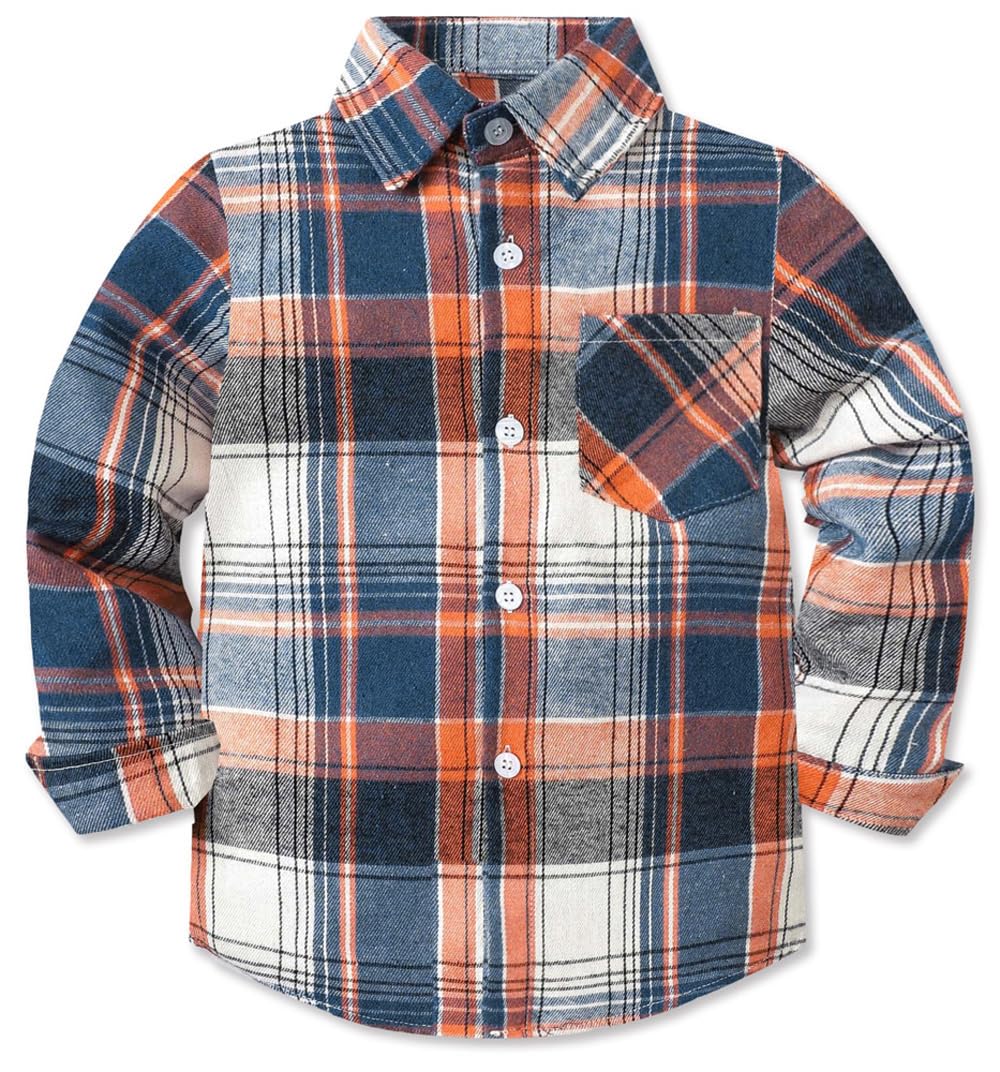Cromoncent Camisa de manga larga de franela a cuadros con botones para hombre, Azul Naranja, 4-5 años
