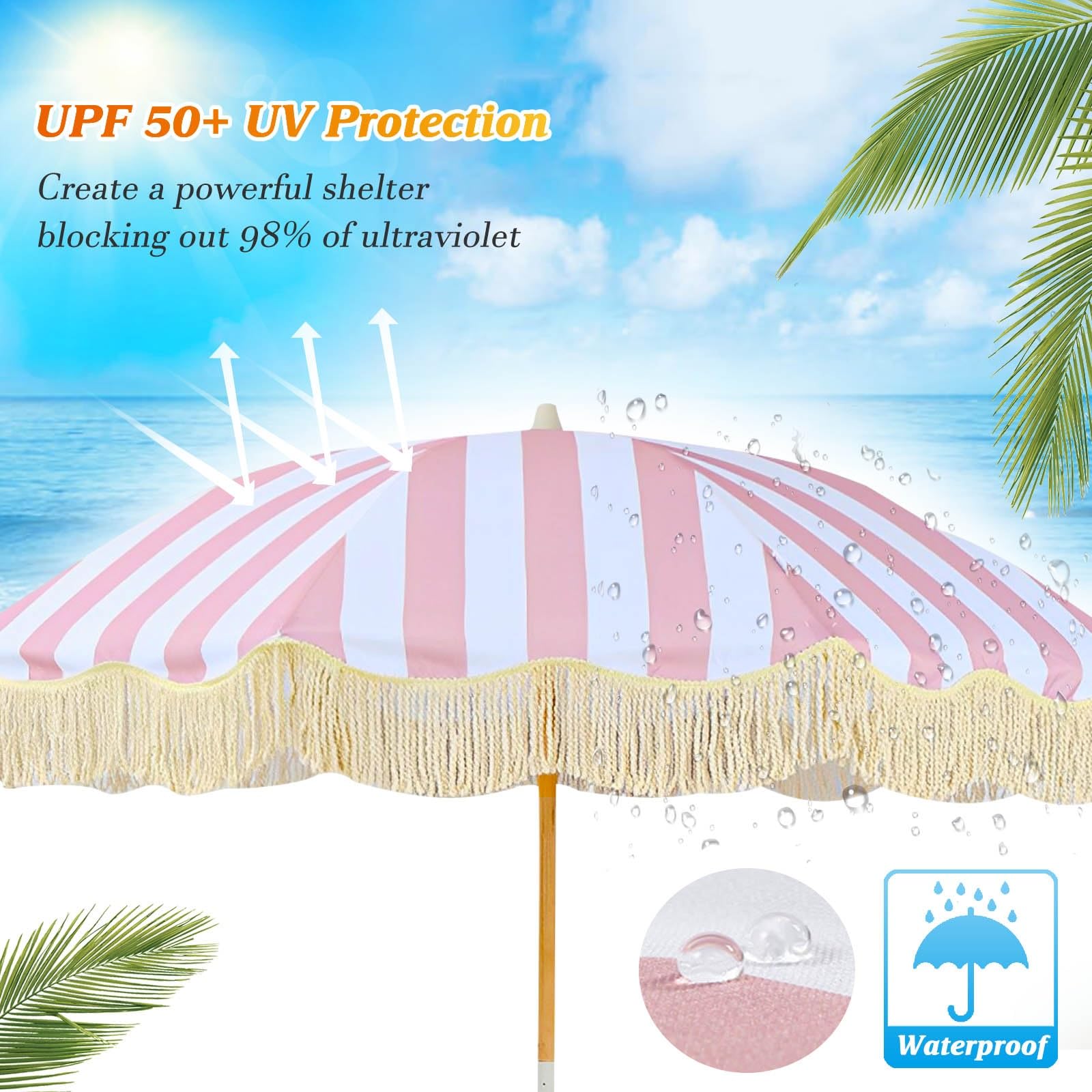 Rosa A Rayas Sombrilla De Playa Con Flecos 200cm Sombrilla De Exterior Protección UV Sombrillas Terraza Con Inclinación Portátil Sombrillas Para Patio Con Bolsa Para Jardín Cubierta Piscina Patio