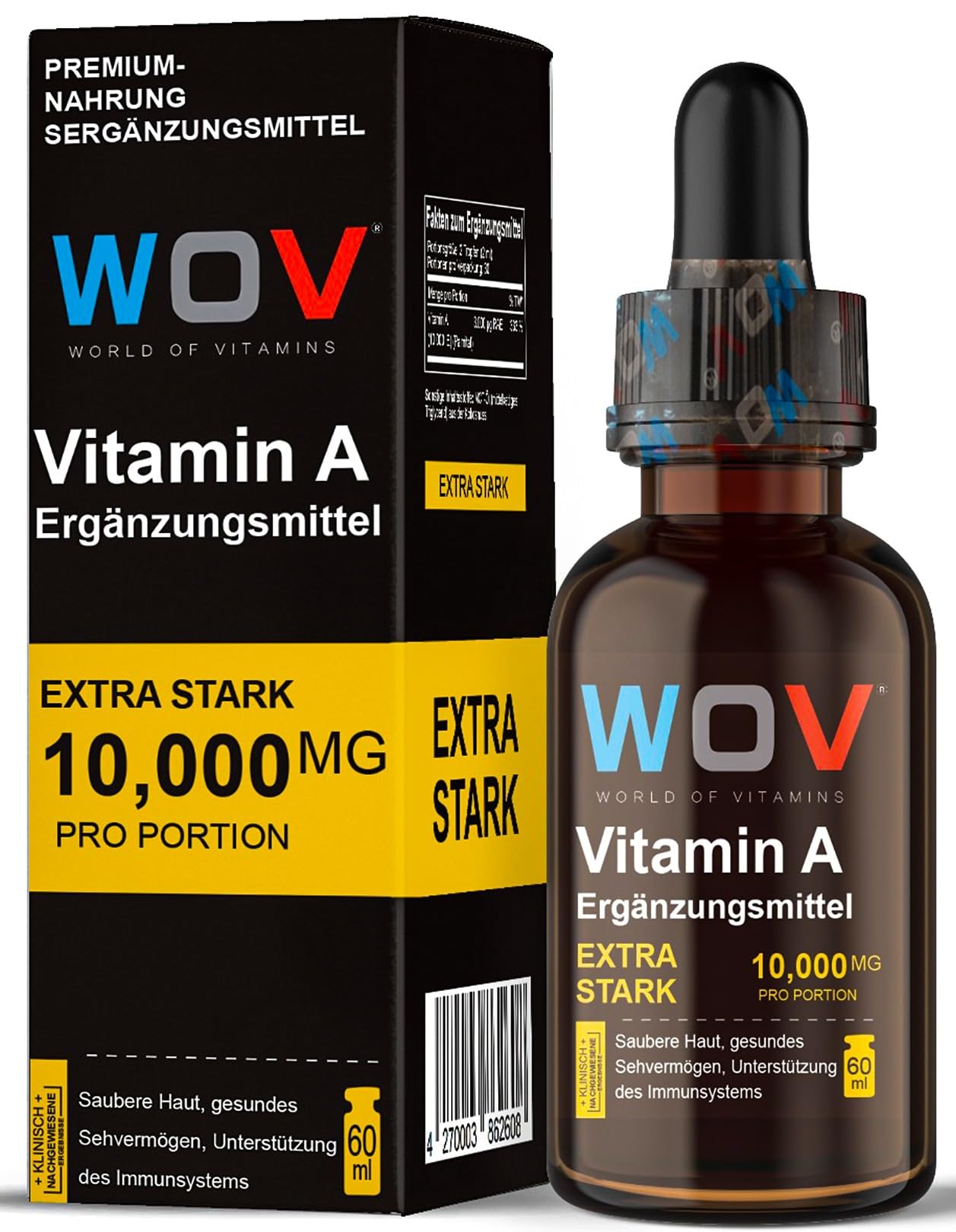 WOV Vitamin A Tropfen 10.000 mg - 60 ml (2000 Tropfen) - Vegan Retinol in MCT-Kokosöl - Hochdosiert für Haut, Augen & Immunsystem - Laborgeprüft, Zusatzstofffrei
