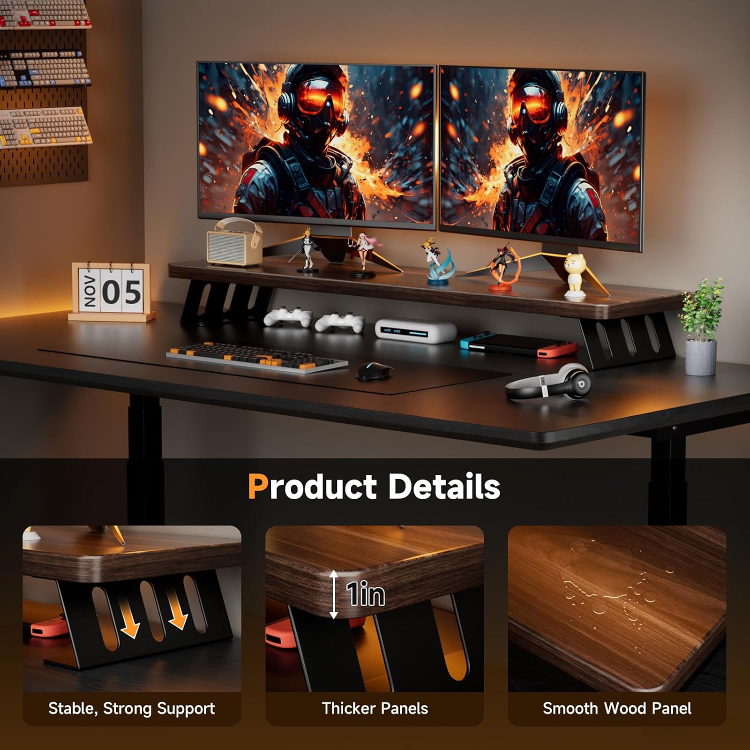 Dual Monitor Stand Riser, 39 Inch Large Wood Monitor Stands for 2 Monitors, Desk Monitor Riser for Computer/Laptop/Printer/TV, Stand Riser up to 220 lbs Black Walnut 39.4in