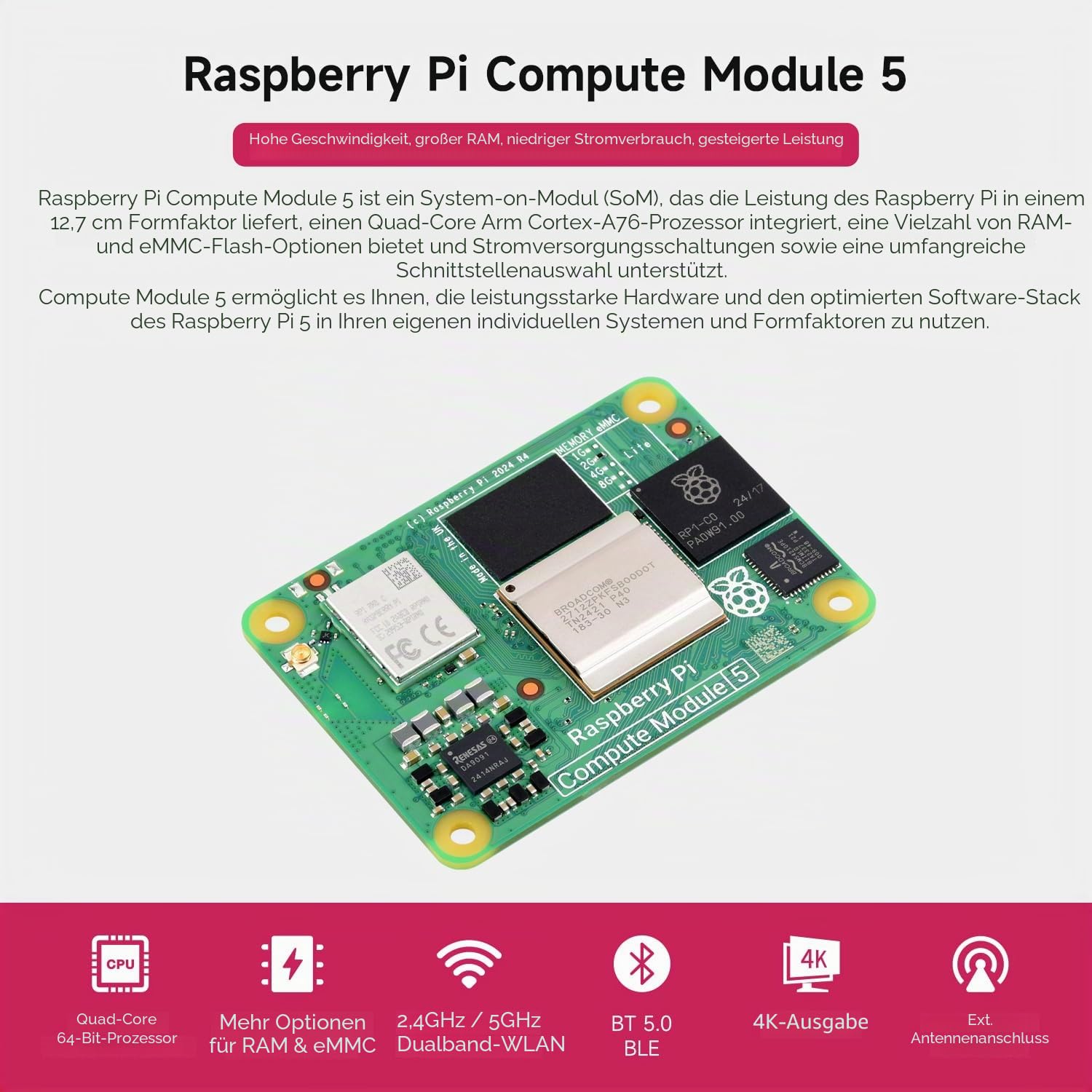 Waveshare CM5 Pi Compute Module 5，Comes with an Official Raspberry Pi CM5102032 (with Wireless, 2GB RAM, 32GB eMMC Flash), an Antenna Kit and a HEATSINK