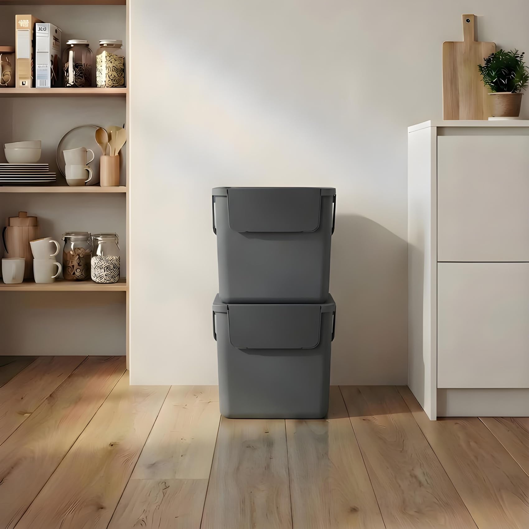 Set 2 pattumiere per differenziata, 2x30l antracite, recycling bin set, salvaspazio, 38x28x34(H) cm, contenitori raccolta differenziata interno