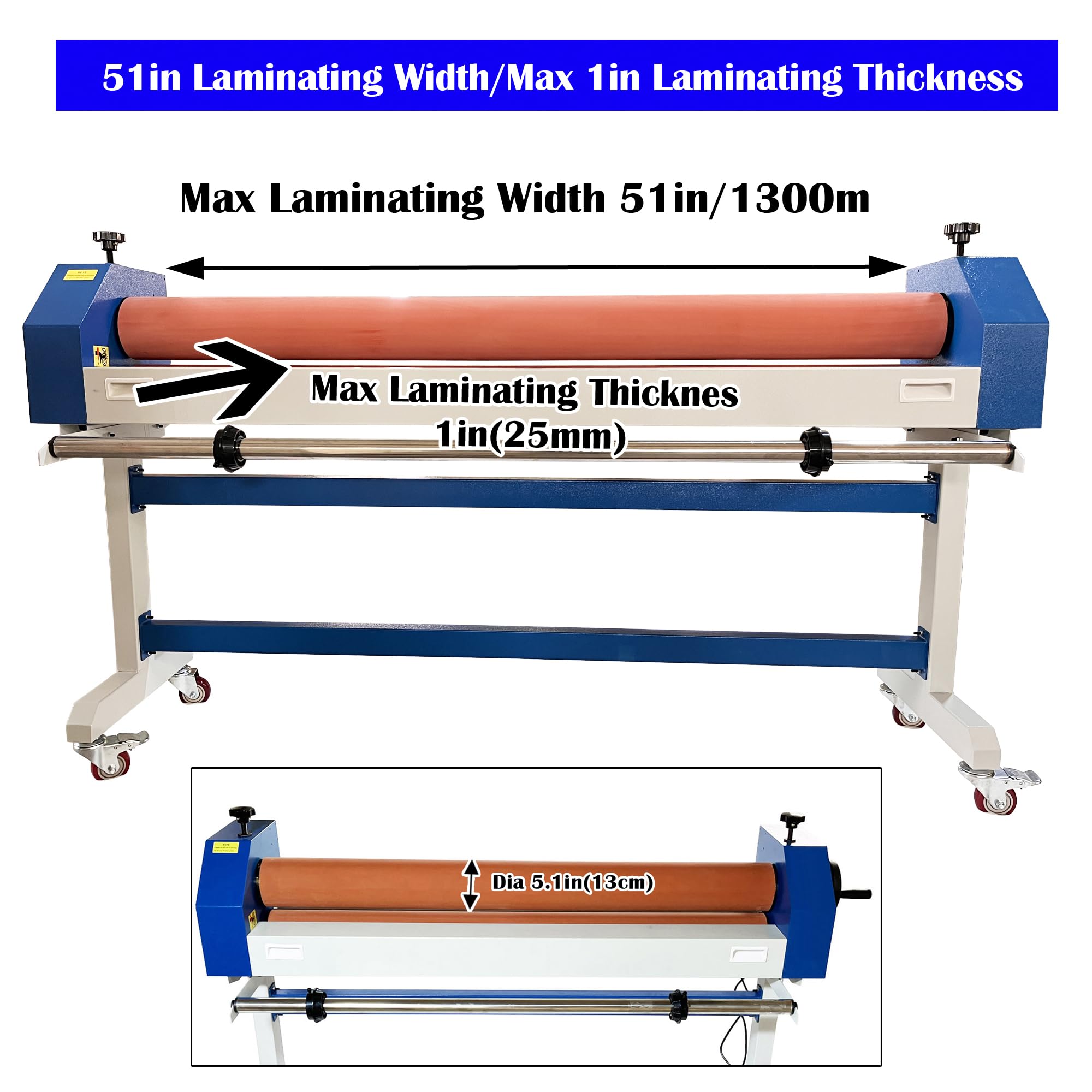 EQCOTWEA 51in/1300mm Cold Laminator Machine Manual Cold Roll Laminating Machine, Soft Rubber Roller, 1in Max Thickness for Posters Painting Advertising Photographs Wide-Format Press Laminating