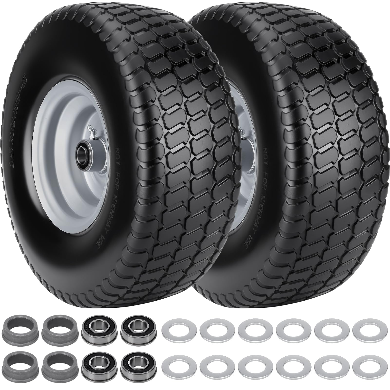 2pcs 15x6.00-6 Flat Free Tire And Wheel, 15x6-6 NHS Lawn Mower Tires With 3" Centered Hub For John Deere/Husqvarna/Craftsman Riding Mower, Lawn Tractor, With 3/4"& 5/8" & 1" Bearings