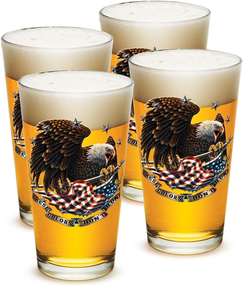 Erazor Bits Patriotic - These Colors Don't Run - Classic Premium Beer Pint Glasses 16 Ounce - Set of 4 - Highball Cocktail Mixing Glass - Perfect for Cold Beverages - With Logo