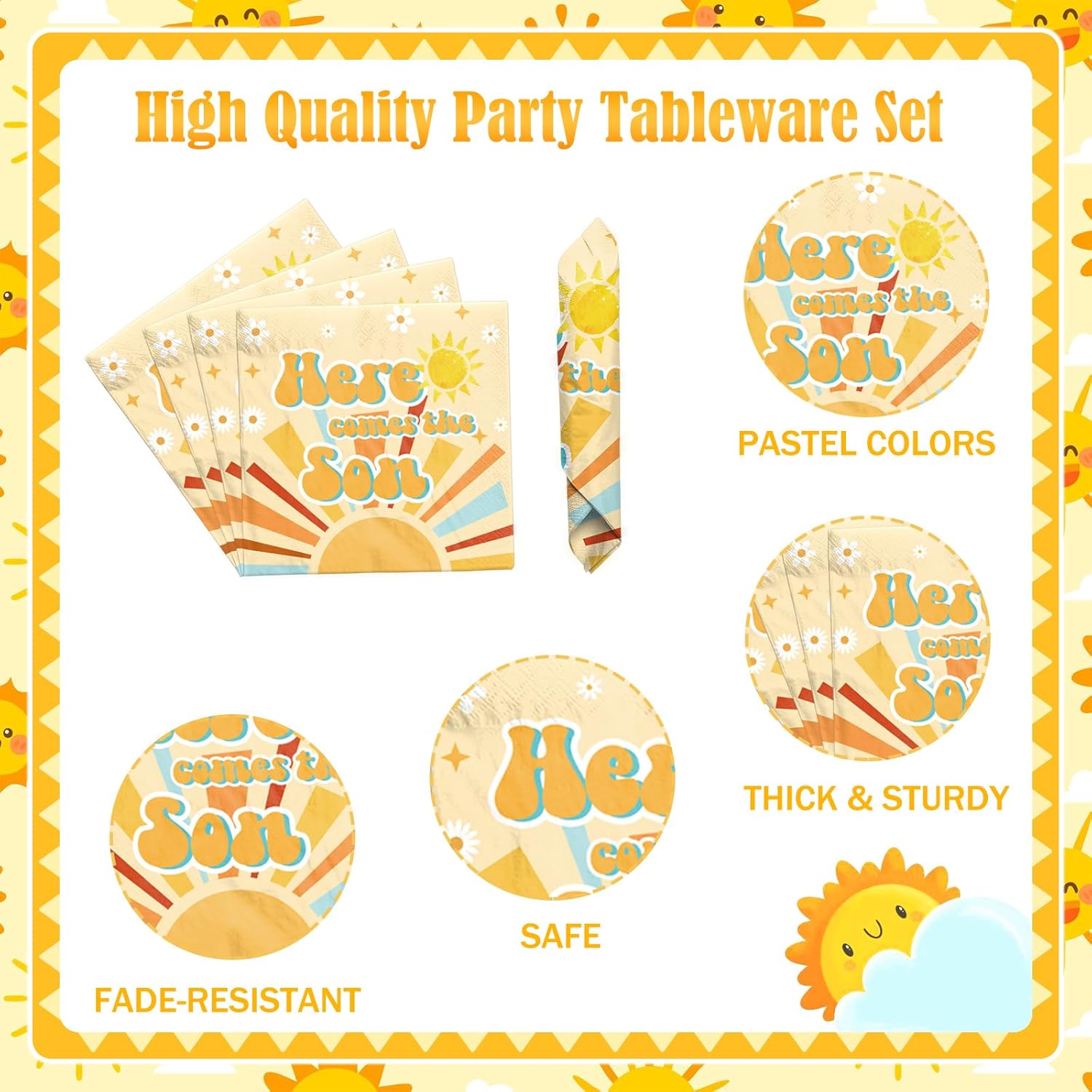 Here Comes the Son Baby Shower Tableware décor Set with Plates, Napkins, Forks, Sunshine Baby Shower Party Supplies Decorations for Boy, Retro Boho Sun Themed Disposable Tableware, 24 Guests - Image 3