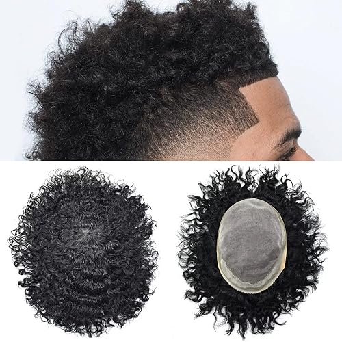 Miniatura 9 de Afro - Tupé para hombre, duradero, base fina, mono, rizado, cabello ondulado africano, piezas para hombres negros, mono encaje PU alrededor de 100%