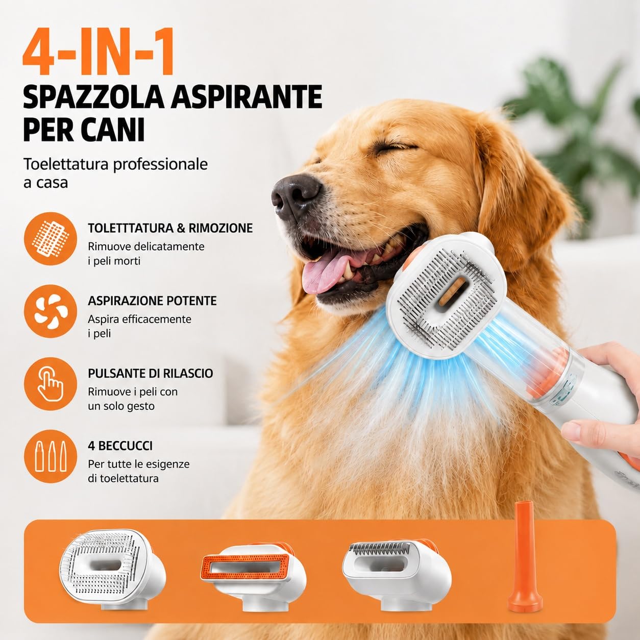 Spazzola Aspirante per Cani, 4-in-1 Multifunzionale, Cani e Gatti, Senza Fili Ricaricabile, Toelettatura, Districante, Rimuovi Peli Divano, Bocchetta Soffiante