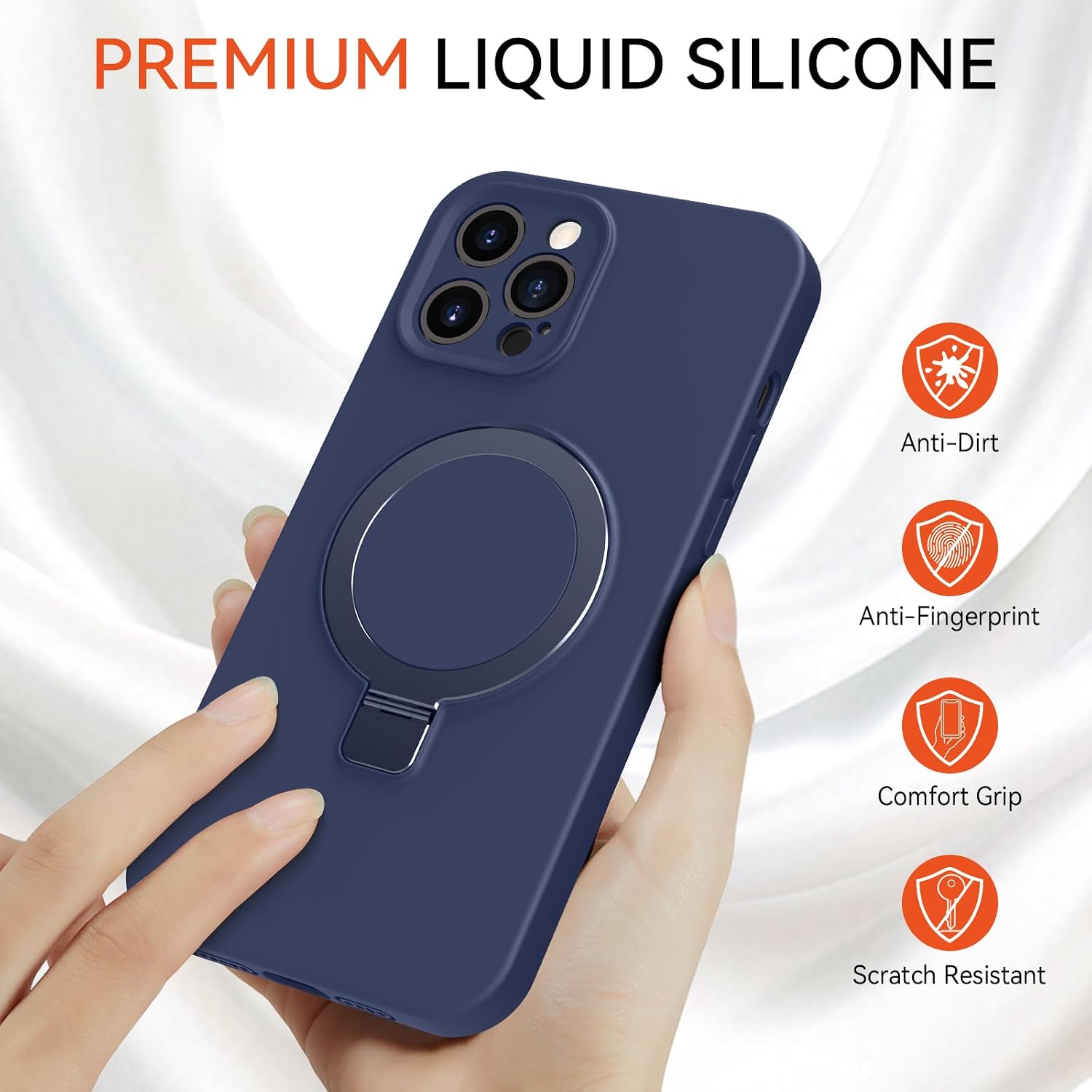 Compatible with iPhone 12 Pro Case Stand, Full Camera Protection Slim Liquid Silicone Phone Cases Fit for iPhone 12 Pro Compatible with MagSafe Magnetic Ring Kickstand Case 6.1", Dark Blue