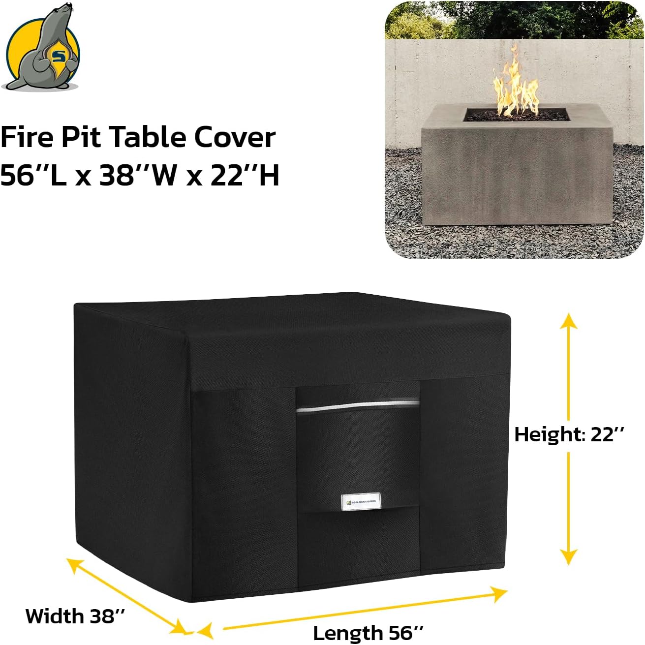 Seal Skin Covers Outdoor Fire Pit Cover – Rectangular 56"L x 38"W x 22"H, Heavy-Duty Waterproof Fabric with PVC Coating, Windproof, Tear & Weather Resistant Fire Table Cover for Patio, Black