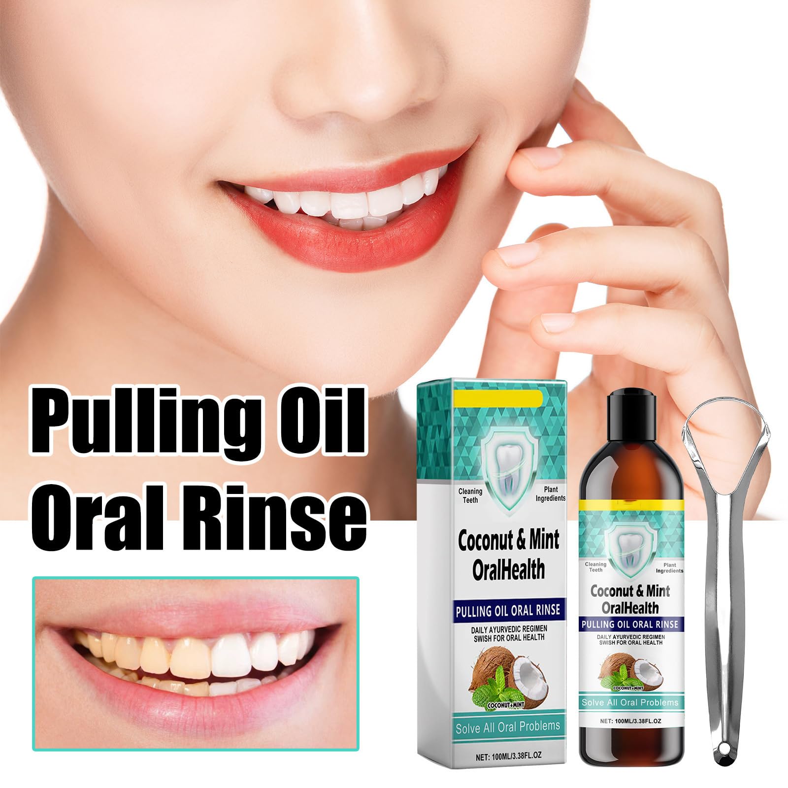 Enjuague bucal con aceite de coco - Enjuague bucal con aceite de coco para el cuidado bucal - Colutorio natural para combatir la placa y el mal aliento - con raspador de lengua para (8 botellas)