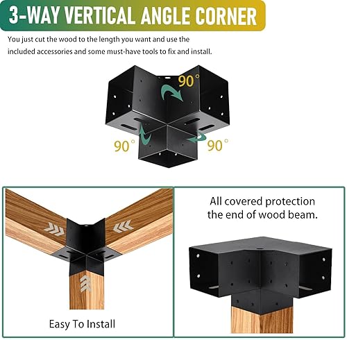 Miniatura 5 de Kit de pérgola 4x4, soportes para pérgola de 3 vías de ángulo recto y base de poste con recubrimiento de polvo negro, tamaño modular, carpintería de